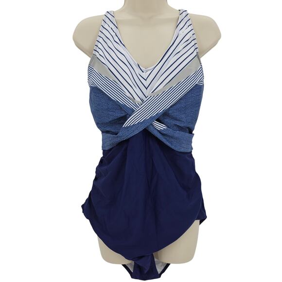 Zando Other - Zando Womans size XXL Twist Front Rushed One Piece Swimsuit Blue Stripe NWOT